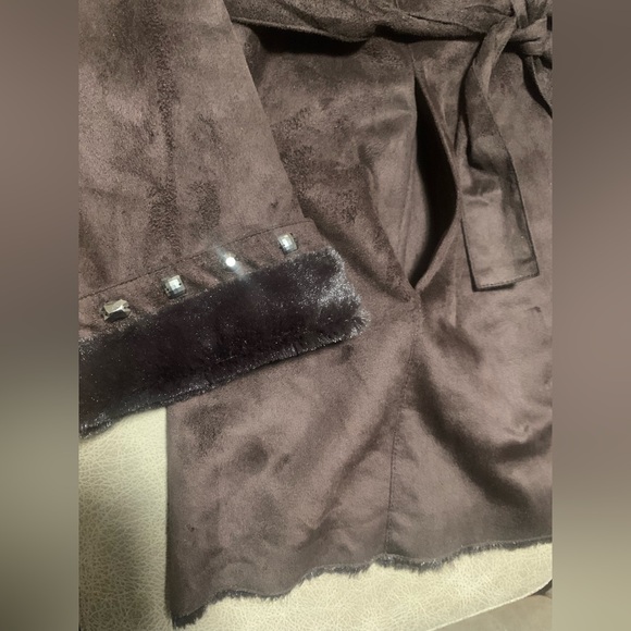 Dennis By Dennis Basso Women Brown Soft Suede Faux Fur Lined Studded Coat Small - Picture 5 of 9